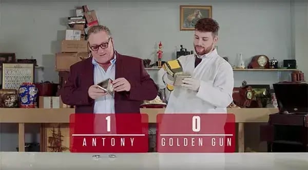 A picture of Antony Charman and Matthew Christlow that says Antony 1 Golden Gun 0